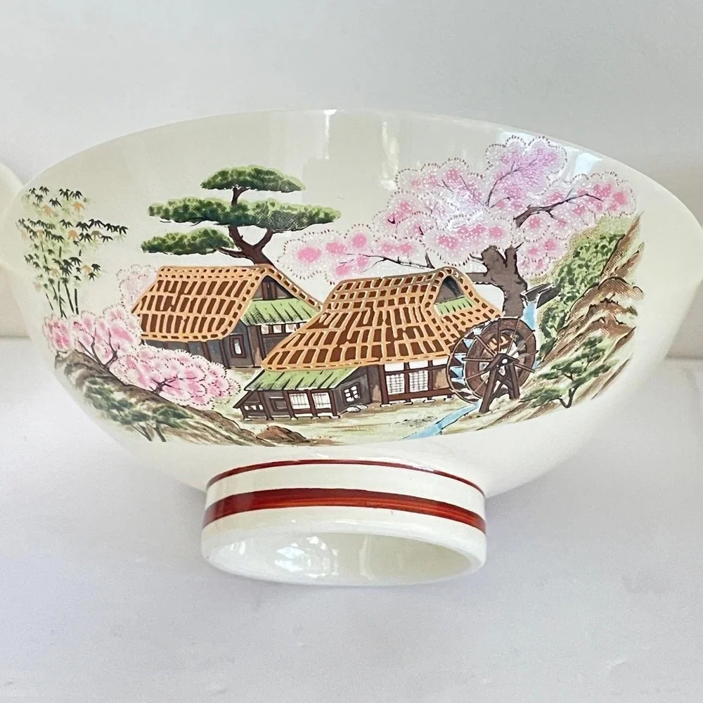 Vintage Japanese Kutani-Yaki Porcelain Rice Bowls Landscape Cherry Blossom Set 4